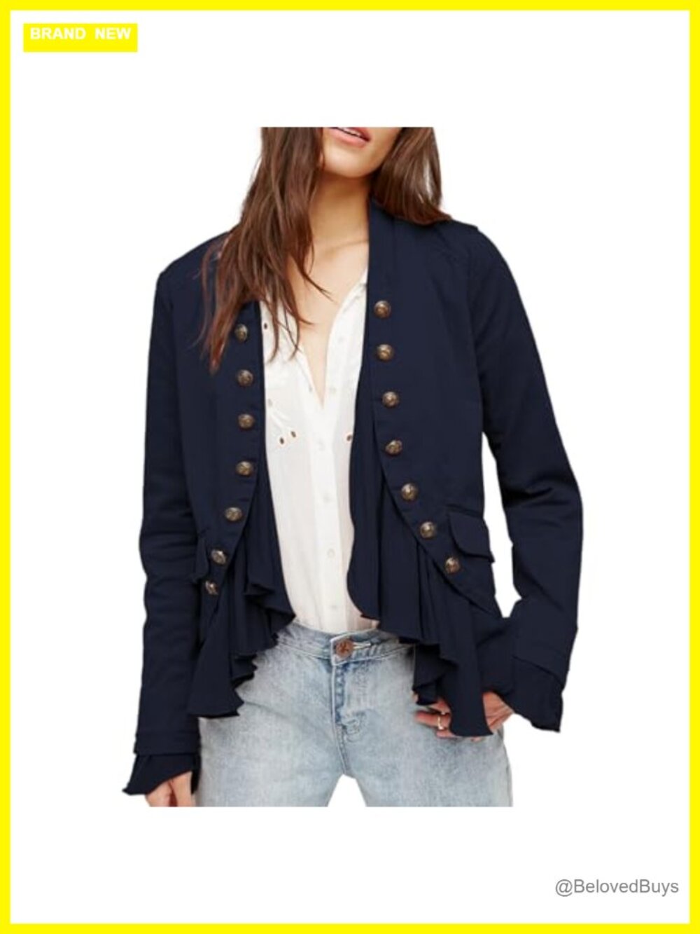 Women's Cotton Spandex Ruffles Button Up Blazer High Low Hem Steampunk Jacket